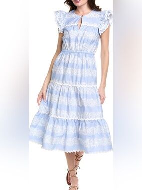 Sail To Sable Tiered Hydrangea Maxi Dress Blue White Size Medium Flutter Sleeve
